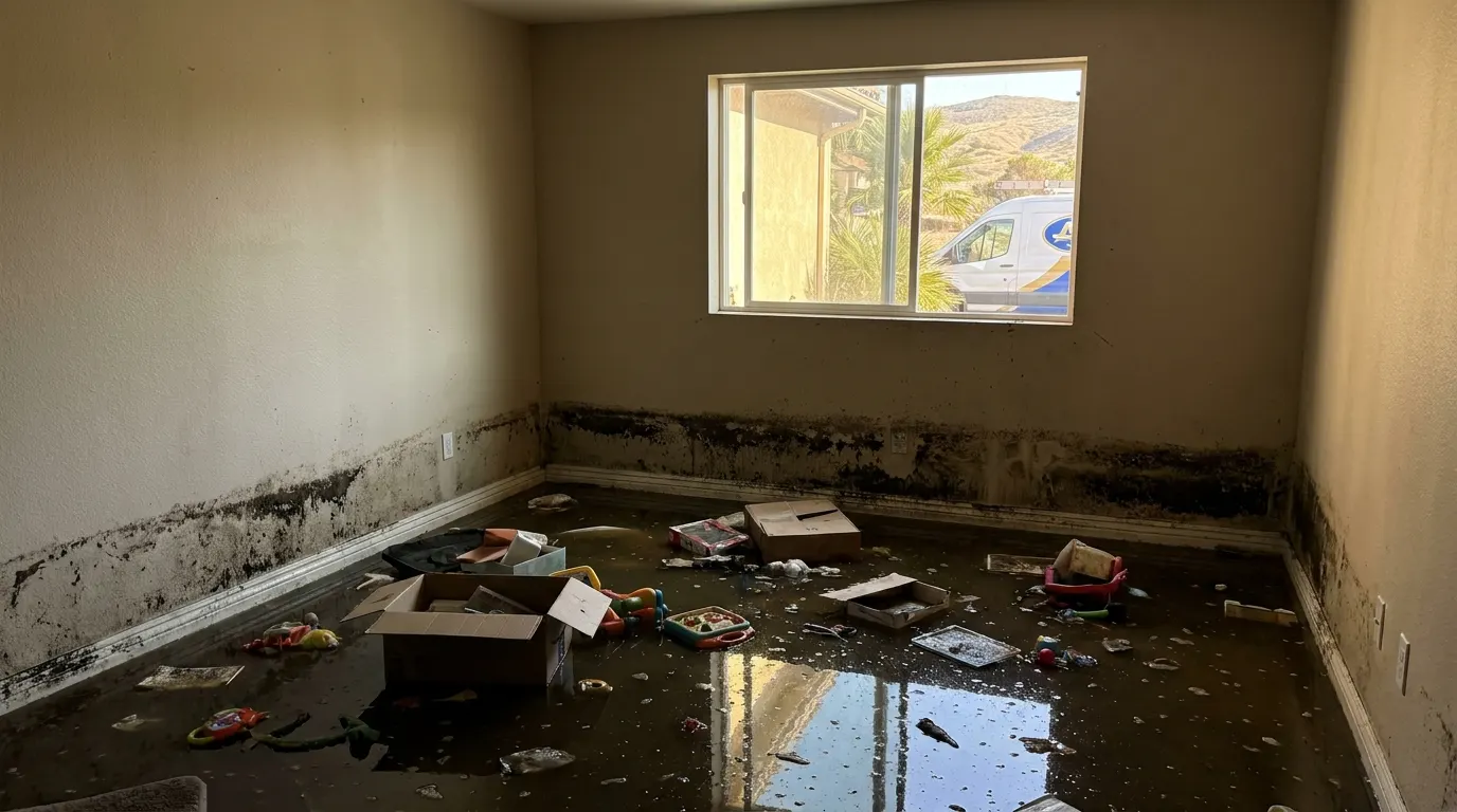 Basement flooded wall to wall by a sewage backup before cleanup