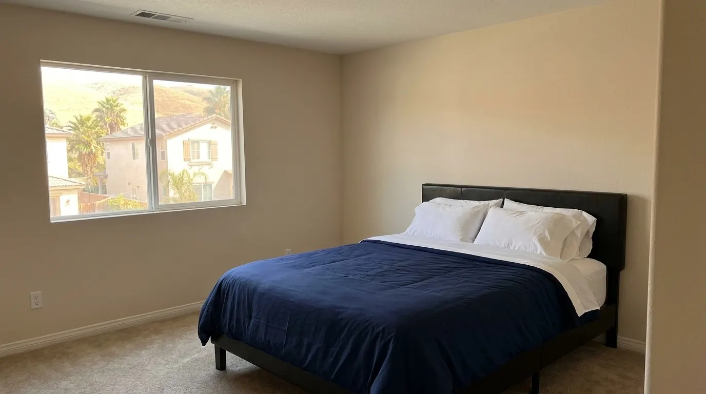 Same bedroom with rebuilt ceiling after storm damage restoration