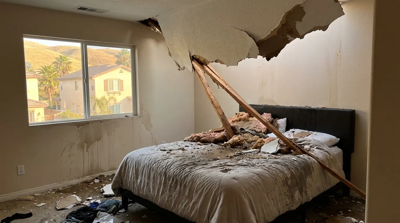Bedroom with collapsed ceiling and storm debris before repair